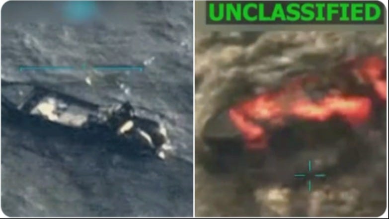 US military images of a boat identified as a smuggling vessel before (and after) it was attacked on President Trump's orders Sept. 15, 2025 US military images of a boat identified as a smuggling vessel before (and after) it was attacked on President Trump's orders Sept. 15, 2025