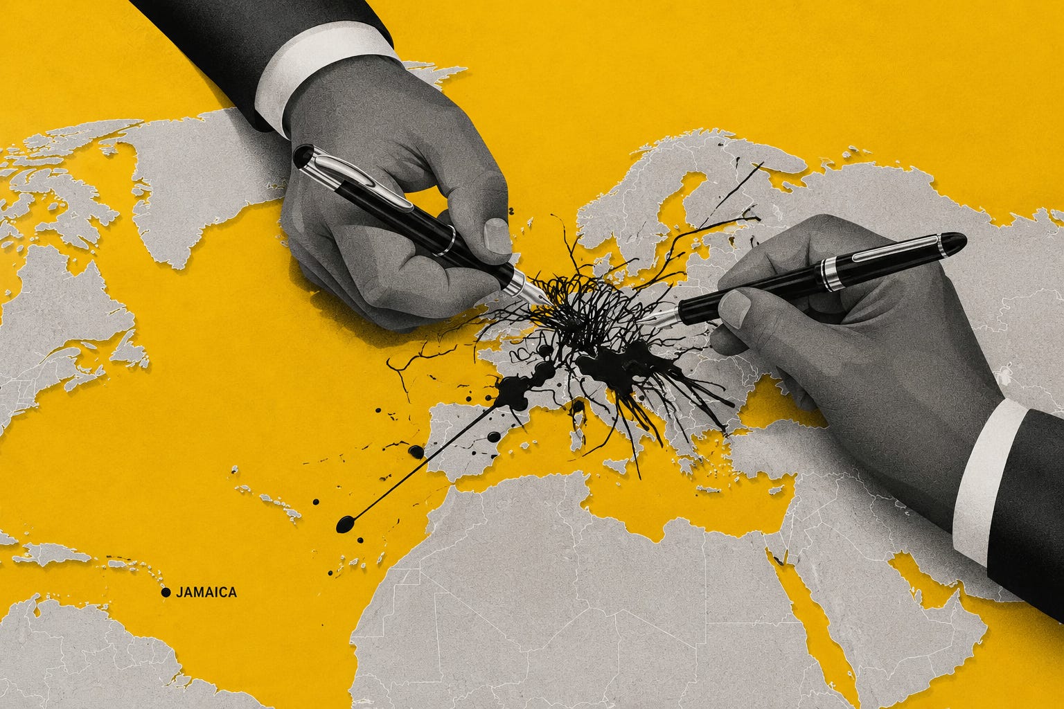 A striking editorial illustration showing two powerful hands in business suits aggressively drawing and splattering black ink across a map of Europe, symbolising geopolitical conflict, global power struggles, and international instability. The artwork uses a dramatic mustard yellow background with grayscale map tones to create a modern, high contrast visual style inspired by contemporary magazine covers and political commentary graphics. Expanded to include the western Atlantic and Caribbean region, the image subtly marks Jamaica on the left side of the composition, visually reinforcing how even distant global tensions can ripple across small island nations through inflation, trade disruption, migration, tourism, energy costs, and economic uncertainty. A striking editorial illustration showing two powerful hands in business suits aggressively drawing and splattering black ink across a map of Europe, symbolising geopolitical conflict, global power struggles, and international instability. The artwork uses a dramatic mustard yellow background with grayscale map tones to create a modern, high contrast visual style inspired by contemporary magazine covers and political commentary graphics. Expanded to include the western Atlantic and Caribbean region, the image subtly marks Jamaica on the left side of the composition, visually reinforcing how even distant global tensions can ripple across small island nations through inflation, trade disruption, migration, tourism, energy costs, and economic uncertainty.