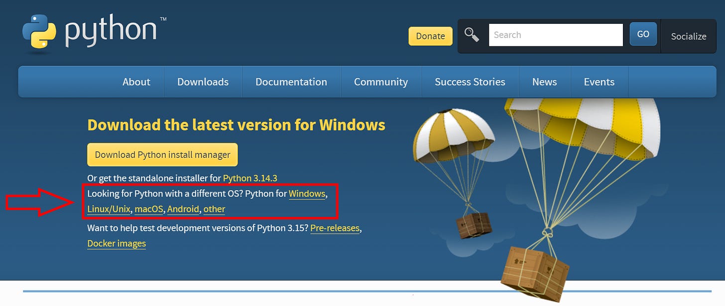 Screenshot of the python.org homepage showing the 'Download the latest version for Windows' section. A red arrow and box highlight the text reading 'Looking for Python with a different OS? Python for Windows, Linux/Unix, macOS, Android, other,' which provides links to platform-specific installers. The page also shows a 'Download Python install manager' button, a link to the standalone installer for Python 3.14.3, and an option to test pre-release versions of Python 3.15. The site's navigation bar and parachute-and-crates illustration are visible.