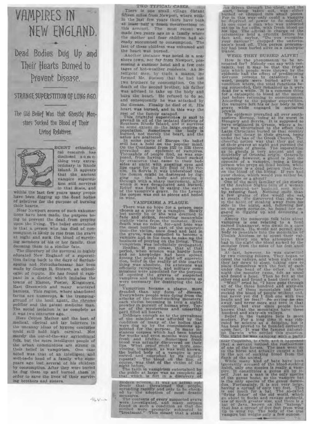 Articolo di giornale intitolato Vampires in New England.