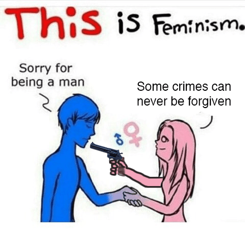 Meme that reads "This is Feminism." In it, a cartoon man and a cartoon woman shake hands. The man says, "Sorry for being a man." The woman holds a gun to his face and says, "Some crimes can never be forgiven."