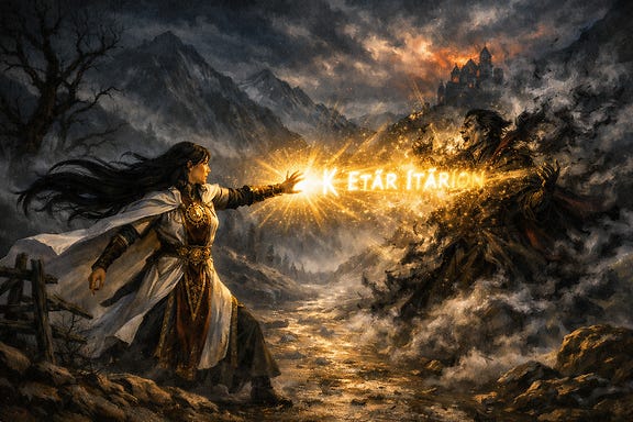 Clarion banishing the spirit of Strahd on the mist‑choked road between Vallaki and Krezk, her long black hair streaming like a banner of night against the storm as divine light erupts from her hand and Celestial script blazes while Strahd’s shadow recoils and dissolves into smoke