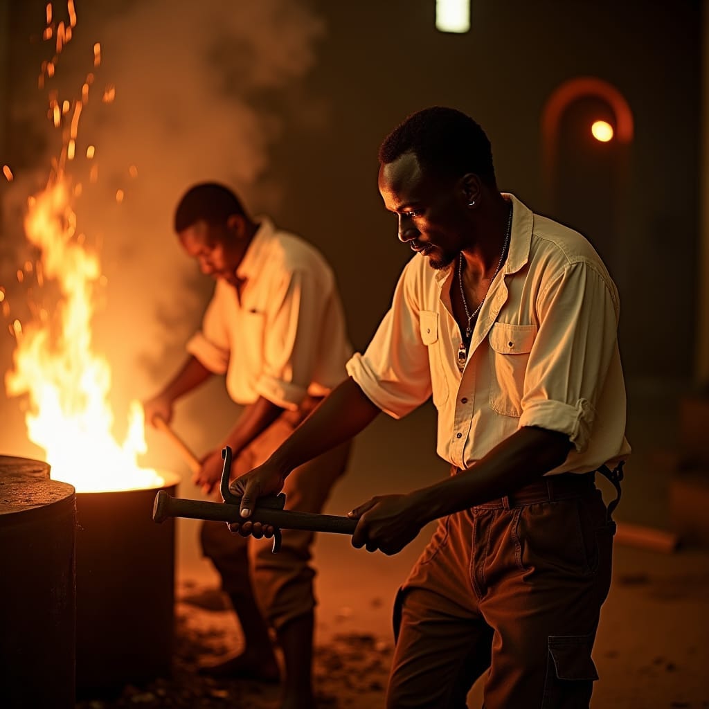 18th-century Jamaican foundry workers in worn, earth-toned clothing, hammering away at glowing hot metal, amidst a bustling Morant Bay foundry, pioneers a groundbreaking technique for mass-producing wrought iron from scrap iron, as sunlight filters through the thatched roof, casting dramatic shadows, in a warm, golden light