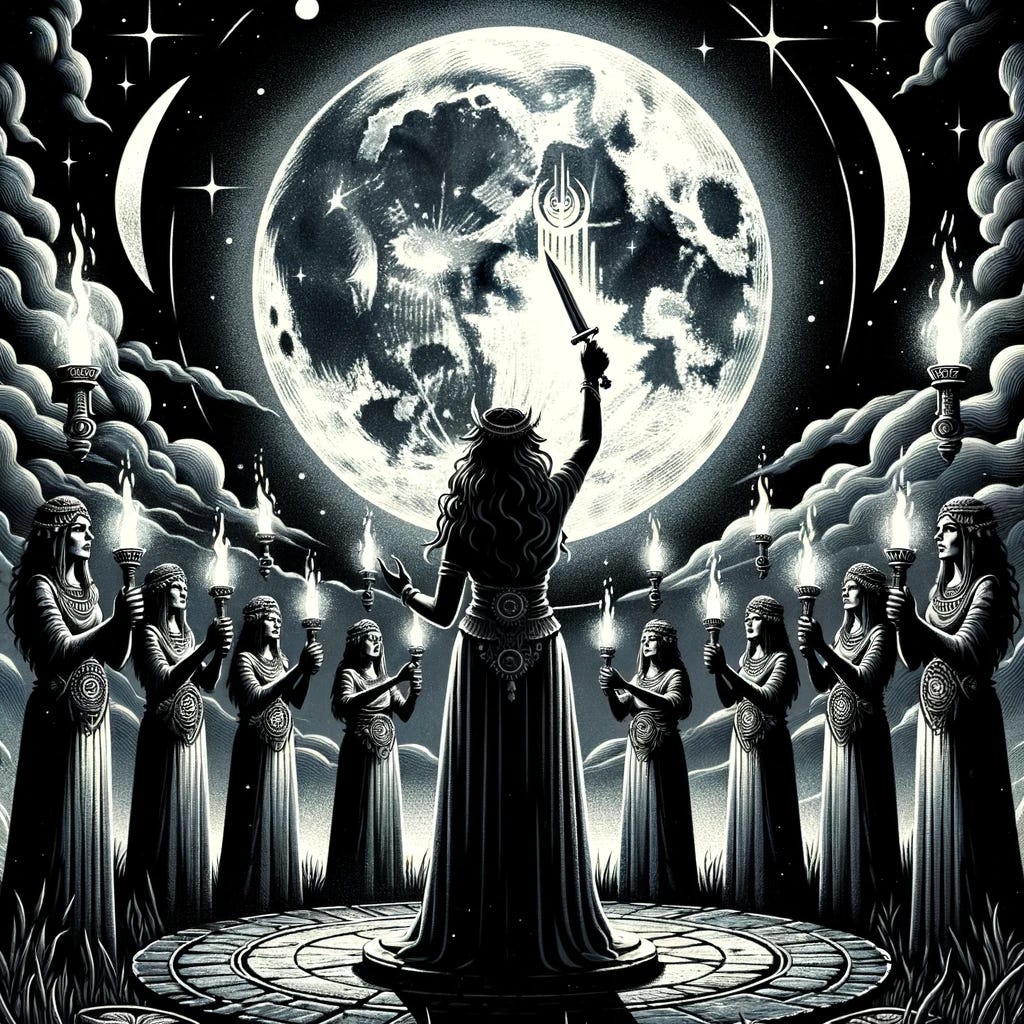 Illustration of an ancient monochrome ritual, where a priestess raises a ceremonial dagger under a moonlit night.