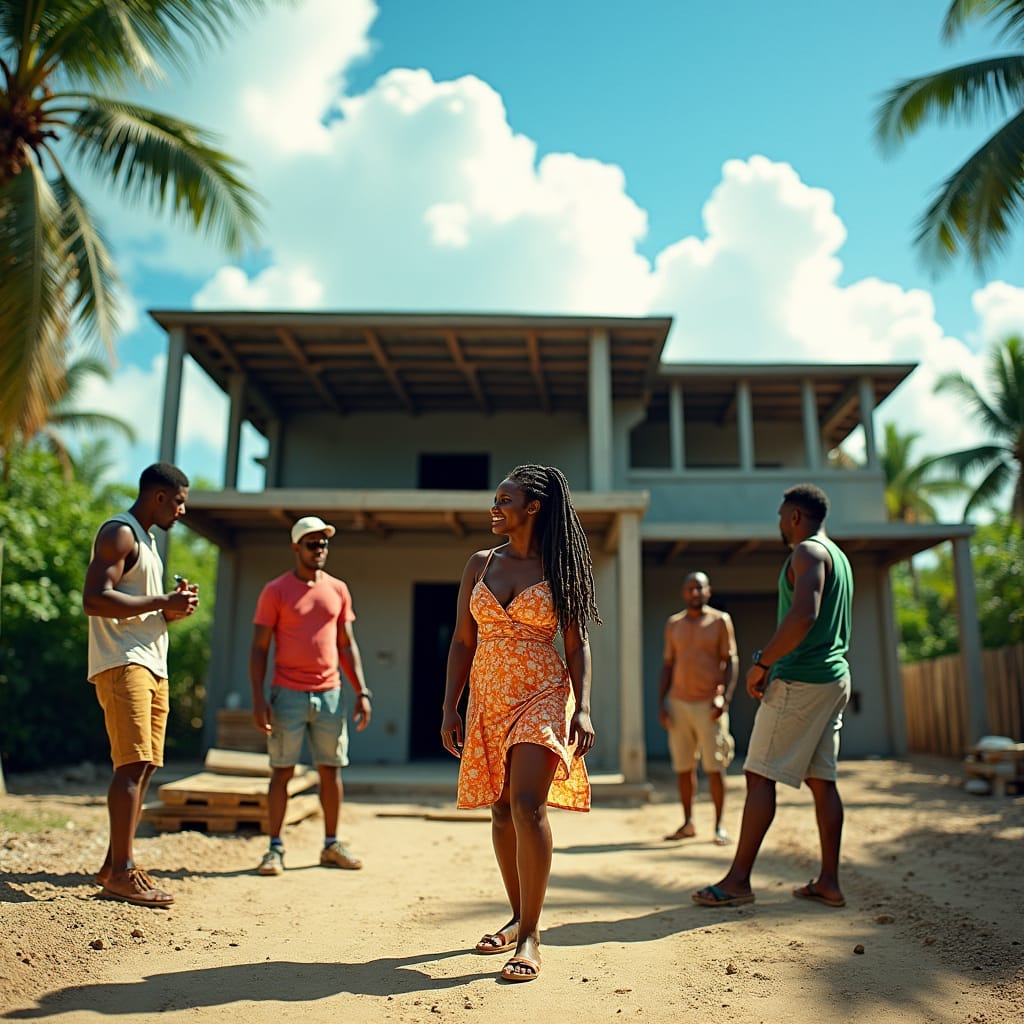 A young woman with a bright smile and dreadlocks, wearing a vibrant sundress and sandals, engages in conversation with a group of rugged builders, amidst the skeletal framework of a modern Jamaican house, its half-built walls and steel beams stretching towards the sky, surrounded by lush tropical greenery and a brilliant blue sky with puffy white clouds. 