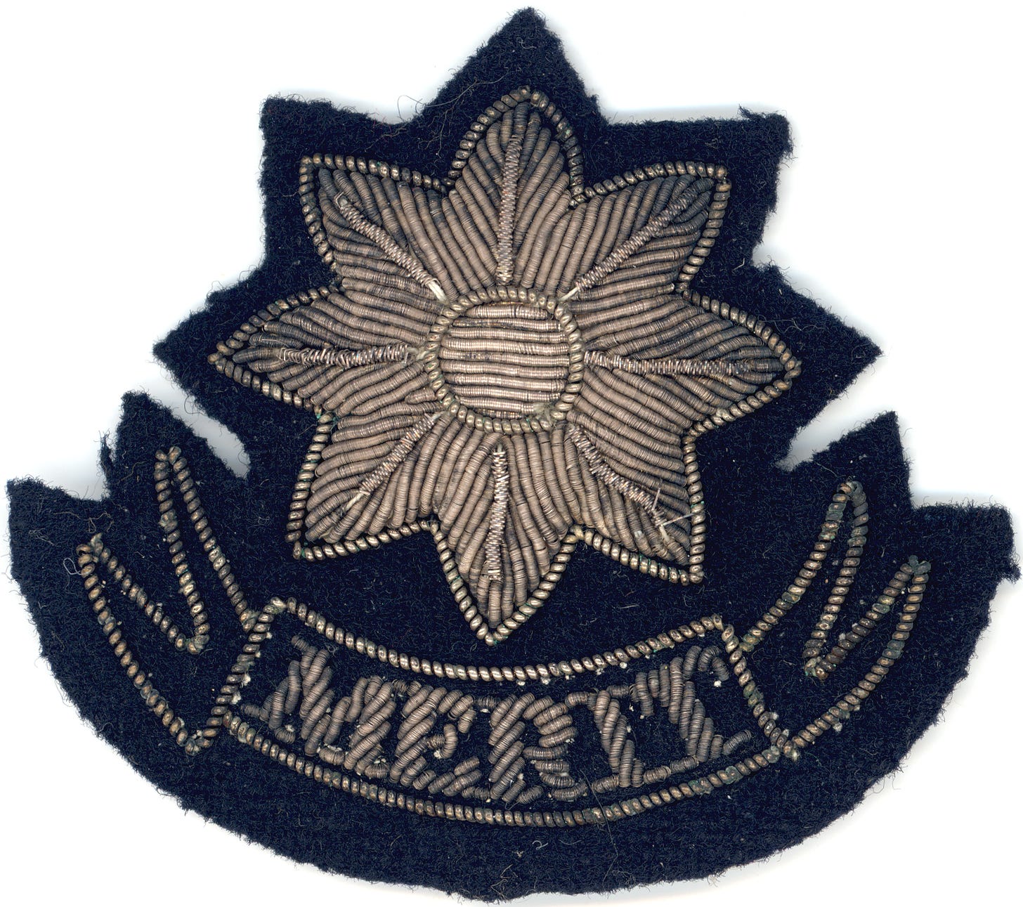 A patch with a gold embroidered star and banner underneath reading Merit.