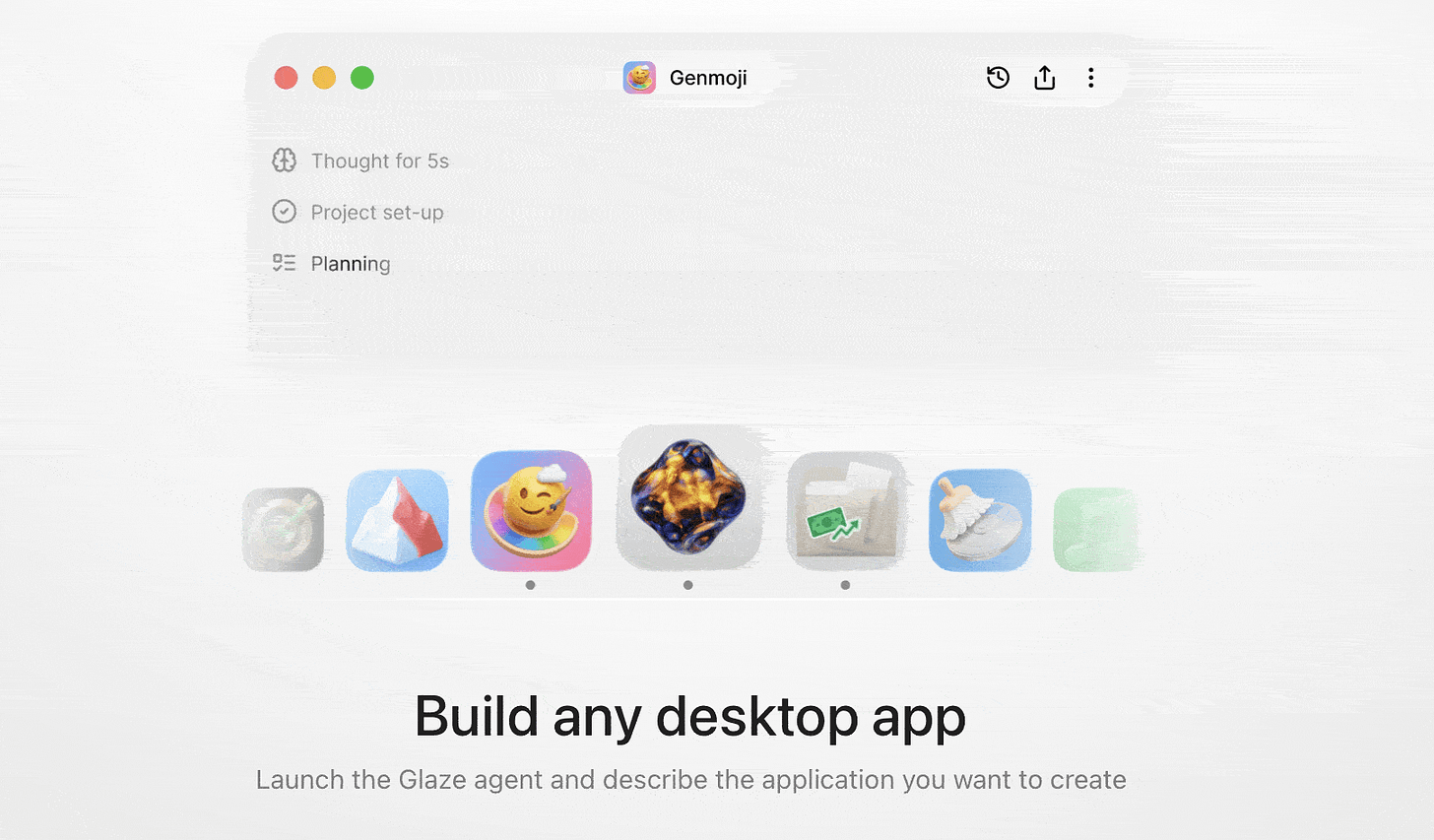 A digital illustration of the Glaze app-building agent. At the top, a 'Genmoji' project window shows AI processes like 'Project set-up' and 'Planning.' Below, a gallery of colorful, stylized app icons sits above the headline 'Build any desktop app,' illustrating how users can generate software from descriptions. - Alt-text drafted with Gemini assistance. The gif shows 3 images in total. One for building apps, another for publishing apps, and one for discovering apps you can install.