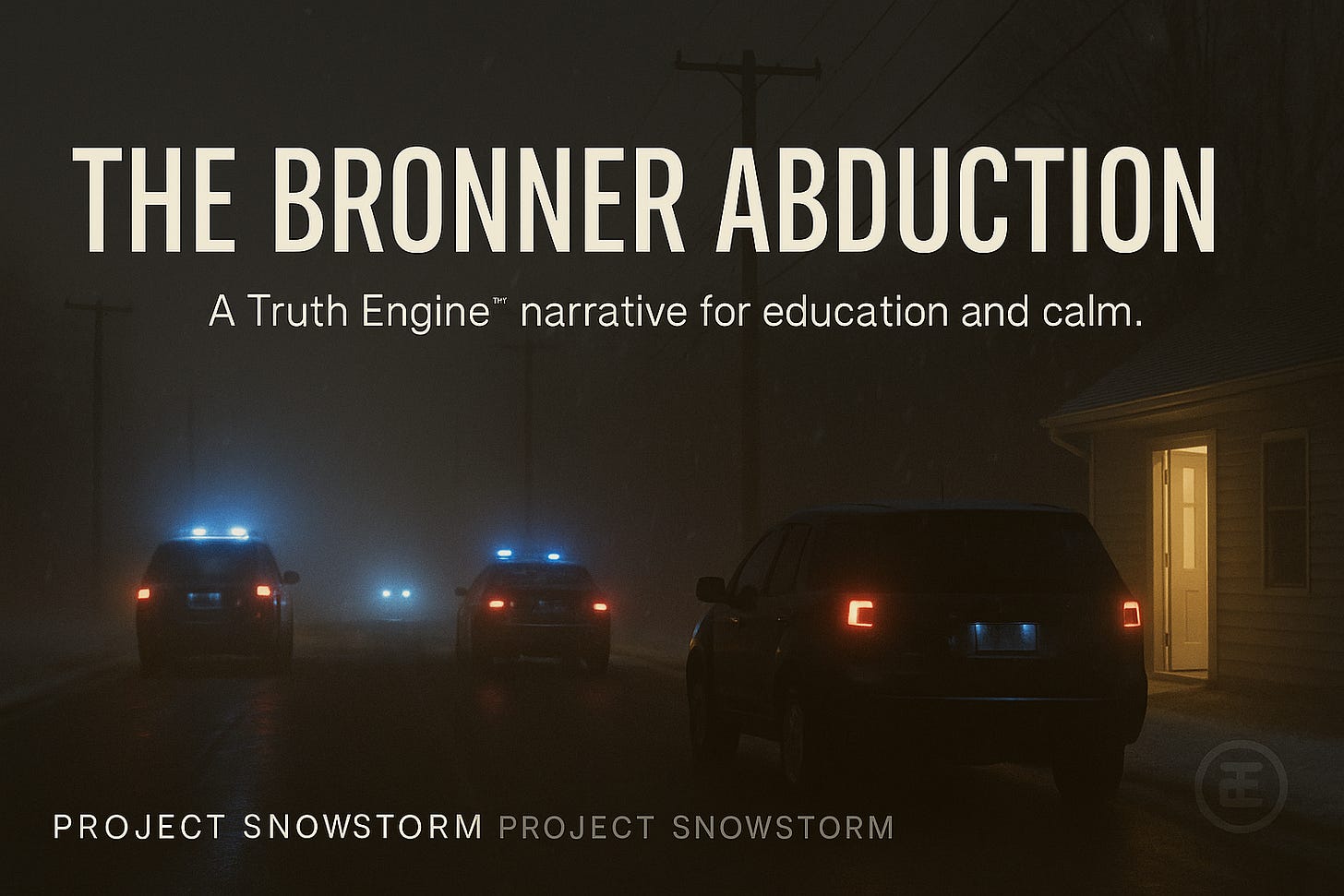 Cinematic night street in snowfall. Unmarked vehicles glow blue-white; doorway glows warm amber. Text: ‘The Bronner Abduction | Project Snowstorm – A Truth Engine™ narrative for education and calm.’ Subtle Truth Engine watermark lower right.