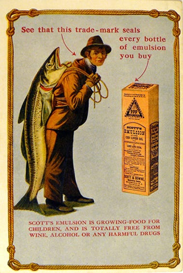 Color illustrated trade card advertising cod oil showing man holding fish on his back Color illustrated trade card advertising cod oil showing man holding fish on his back