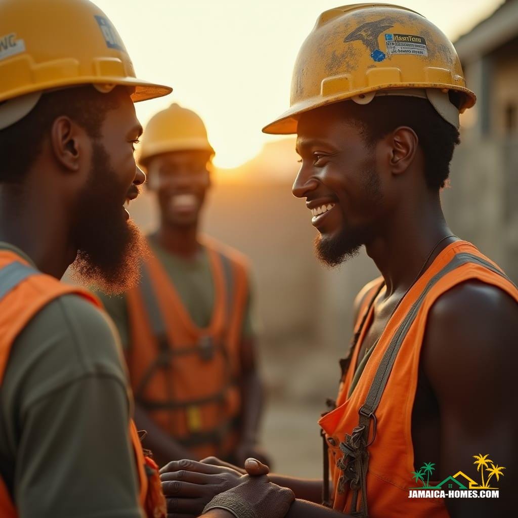 Cinematic film still, shot on v-raptor XL, of beautiful Jamaican builders working on a construction site. Film grain, vignette, color graded, post-processed cinematic lighting, 35mm film, live-action, best quality, atmospheric, a masterpiece, epic, stunning, dramatic. The builders are smiling and interacting positively as they work, exuding joy and camaraderie. Golden hour sunlight illuminates the scene, casting long shadows and highlighting the sweat on their brows. Cinematic film still, shot on v-raptor XL, of beautiful Jamaican builders working on a construction site. Film grain, vignette, color graded, post-processed cinematic lighting, 35mm film, live-action, best quality, atmospheric, a masterpiece, epic, stunning, dramatic. The builders are smiling and interacting positively as they work, exuding joy and camaraderie. Golden hour sunlight illuminates the scene, casting long shadows and highlighting the sweat on their brows.