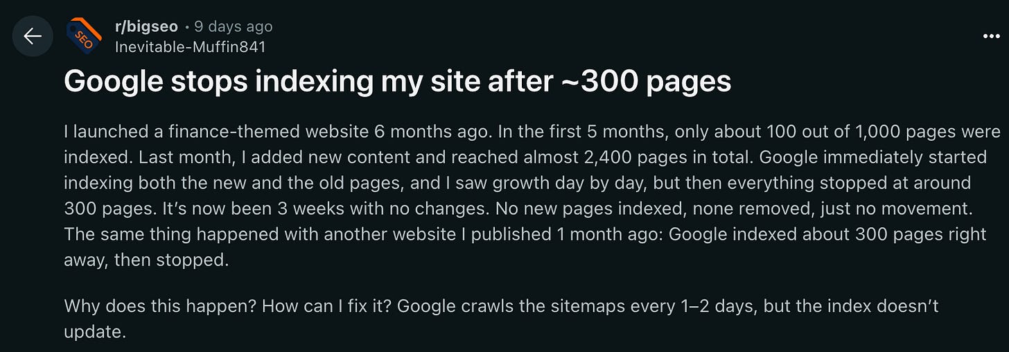 Reddit thread discussing indexing issues with scaled content
