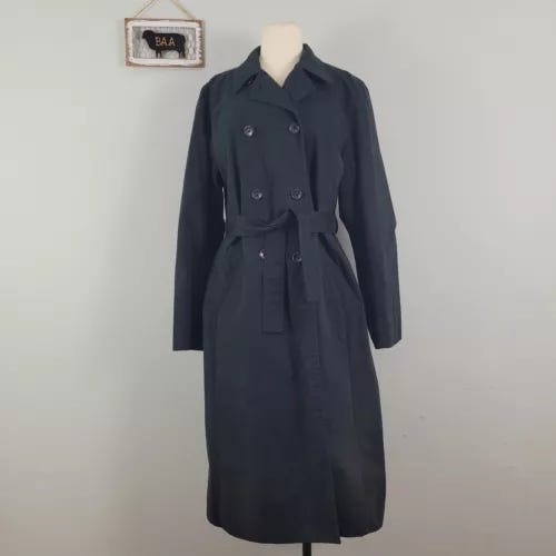 Vtg J.Crew Black Cotton Nylon Trench Coat Sz L Double Breasted Belted Hong Kong - Picture 1 of 10