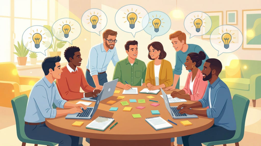 A diverse team collaborating around a table with lightbulb icons appearing above their heads.