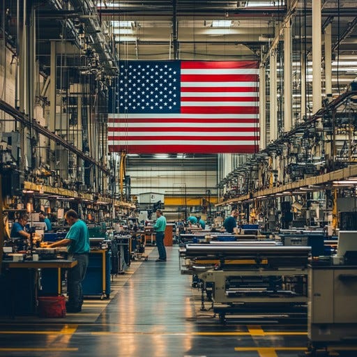 In the vast expanse of a bustling industrial factory, workers are immersed in their tasks under the proud display of an American flag. The setting conjures a palpable sense of productivity and national pride, as the mechanical symphony of machines combines with meticulous human effort. The sprawling floor, lined with intricate machinery and well-organized workstations, showcases the complex interplay of efficiency and dedicated labor in modern manufacturing.