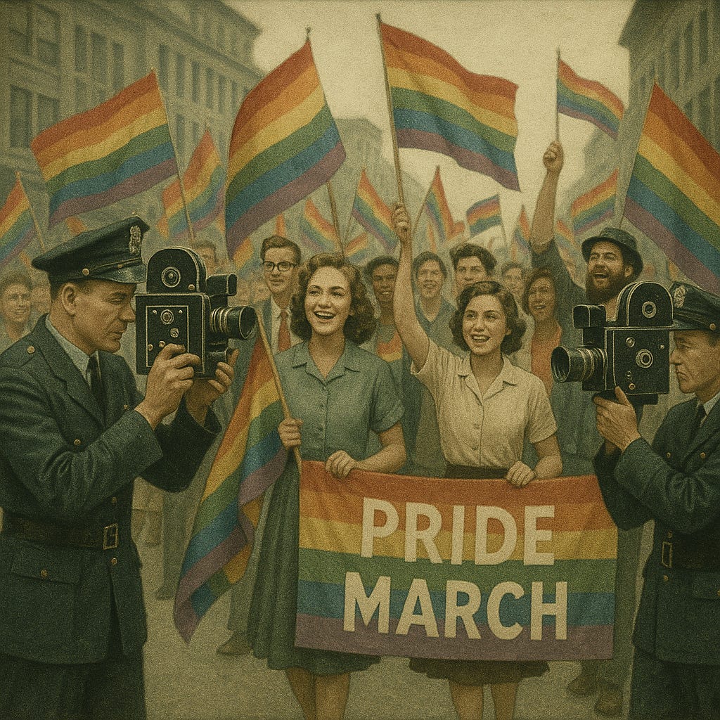 Pride march recorded by police with 1950s style movie cameras