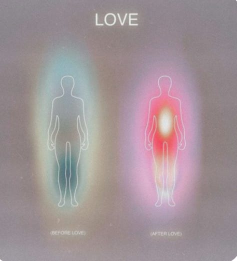 Editorial-style illustrations and graphics depicting auras, energy fields, and spiritual symbolism in soft pastel and rainbow colors, featuring human silhouettes, glowing layers of light, and inspirational text.