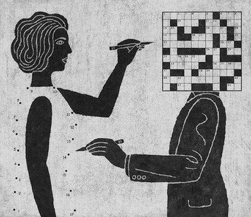 This may contain: a woman holding a piece of paper next to a man with a crossword puzzle on it