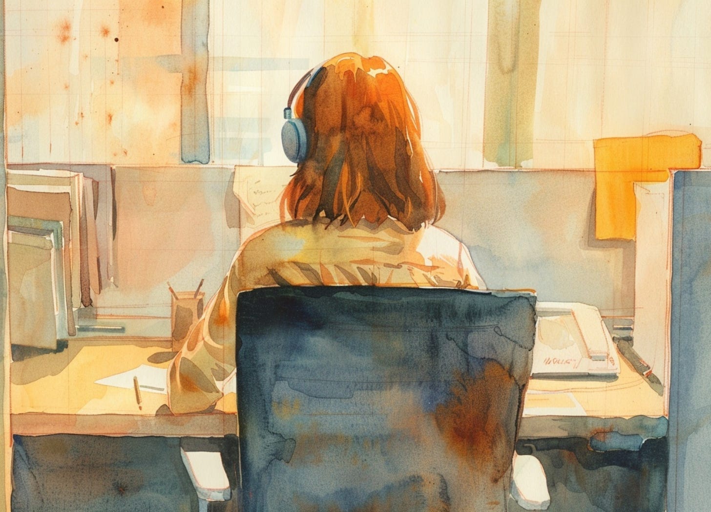 vintage editorial watercolor illustration of a woman at a cubicle desk from behind, headphones around her neck, folded yellow note on the desk in front of her, warm office light, amber tones, cream paper texture