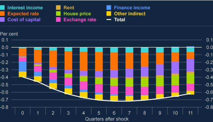 Line chart decomposing the GDP effect of a 1 percentage point unexpected monetary policy shock into channels including expectations, exchange rate, housing and cost of capital, with expectations contributing the most.