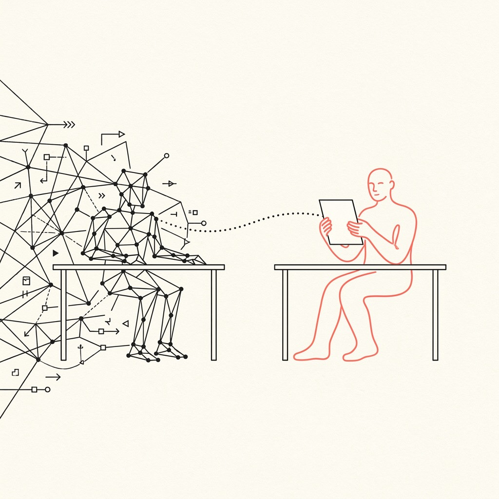 Minimalist illustration of a constellation-style robot generating sprawling network output on the left, and a calm human figure reviewing a single clean page on the right — AI execution versus human editorial judgment. Minimalist illustration of a constellation-style robot generating sprawling network output on the left, and a calm human figure reviewing a single clean page on the right — AI execution versus human editorial judgment.