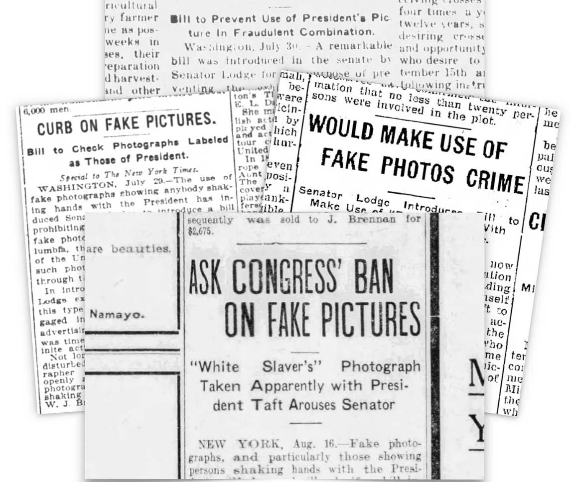 Composite of newspaper headlines from 1900s about fake photos