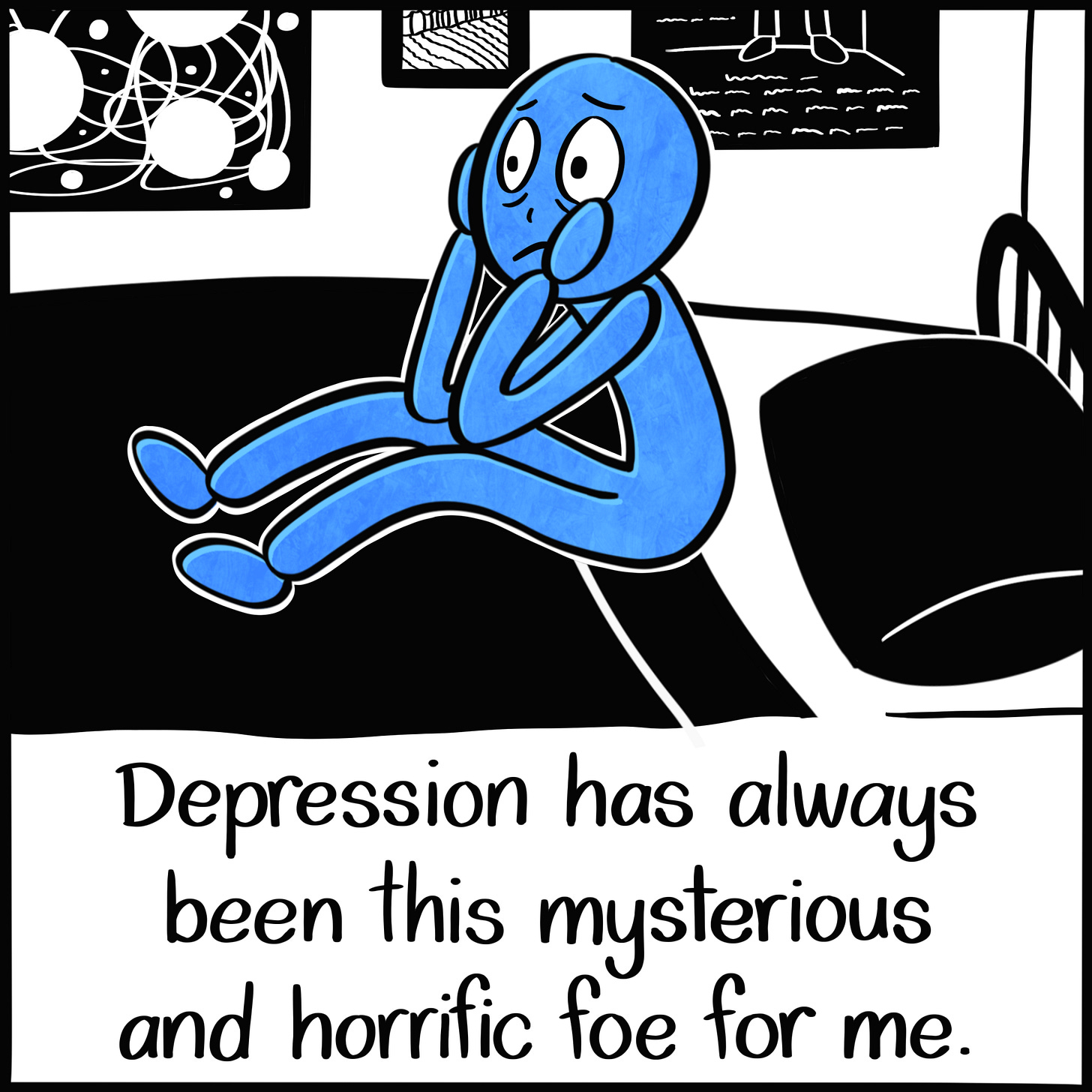 Caption: Depression has always been this mysterious and horrific foe for me. Image: The Blue Person sits up in bed, their head in their hands, bags under their eyes and a look of despair on their face.