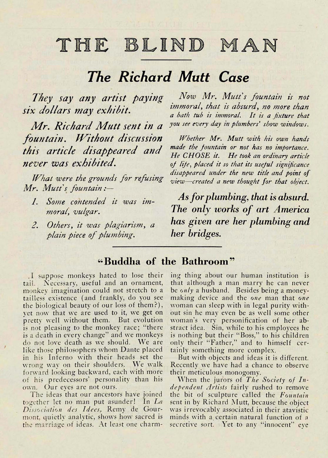 The Richard Mutt Case, page from The Blind Man number 2, New York, 1917 The Richard Mutt Case, page from The Blind Man number 2, New York, 1917