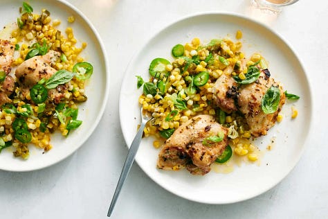 Three images, a sheet pan chicken dinner, a pot of concealer, and a gin drink