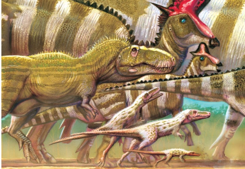A painting of a bunch of dinosaurs on parade from the cover of DINOSAURS: The Most Complete, Up to Date Encyclopedia for Dinosaur Lovers of All Ages A painting of a bunch of dinosaurs on parade from the cover of DINOSAURS: The Most Complete, Up to Date Encyclopedia for Dinosaur Lovers of All Ages