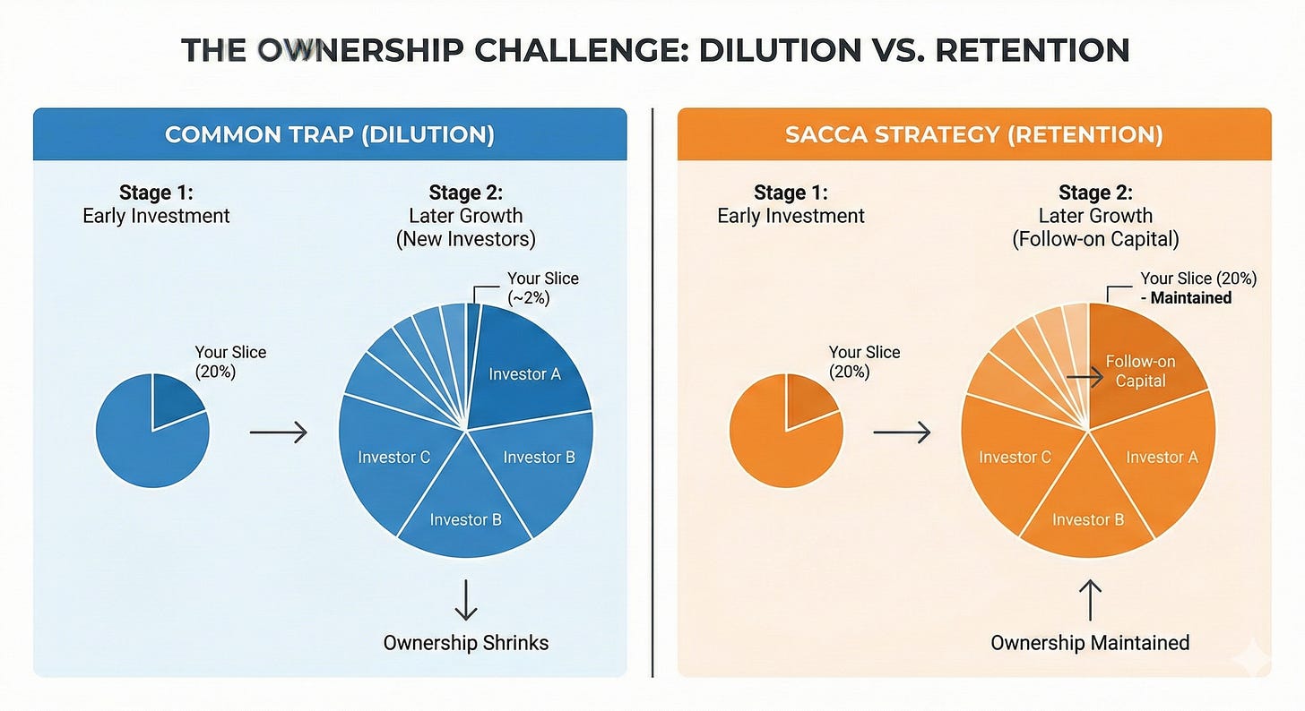 Chart showing startup equity dilution compared to the Sacca retention strategy.