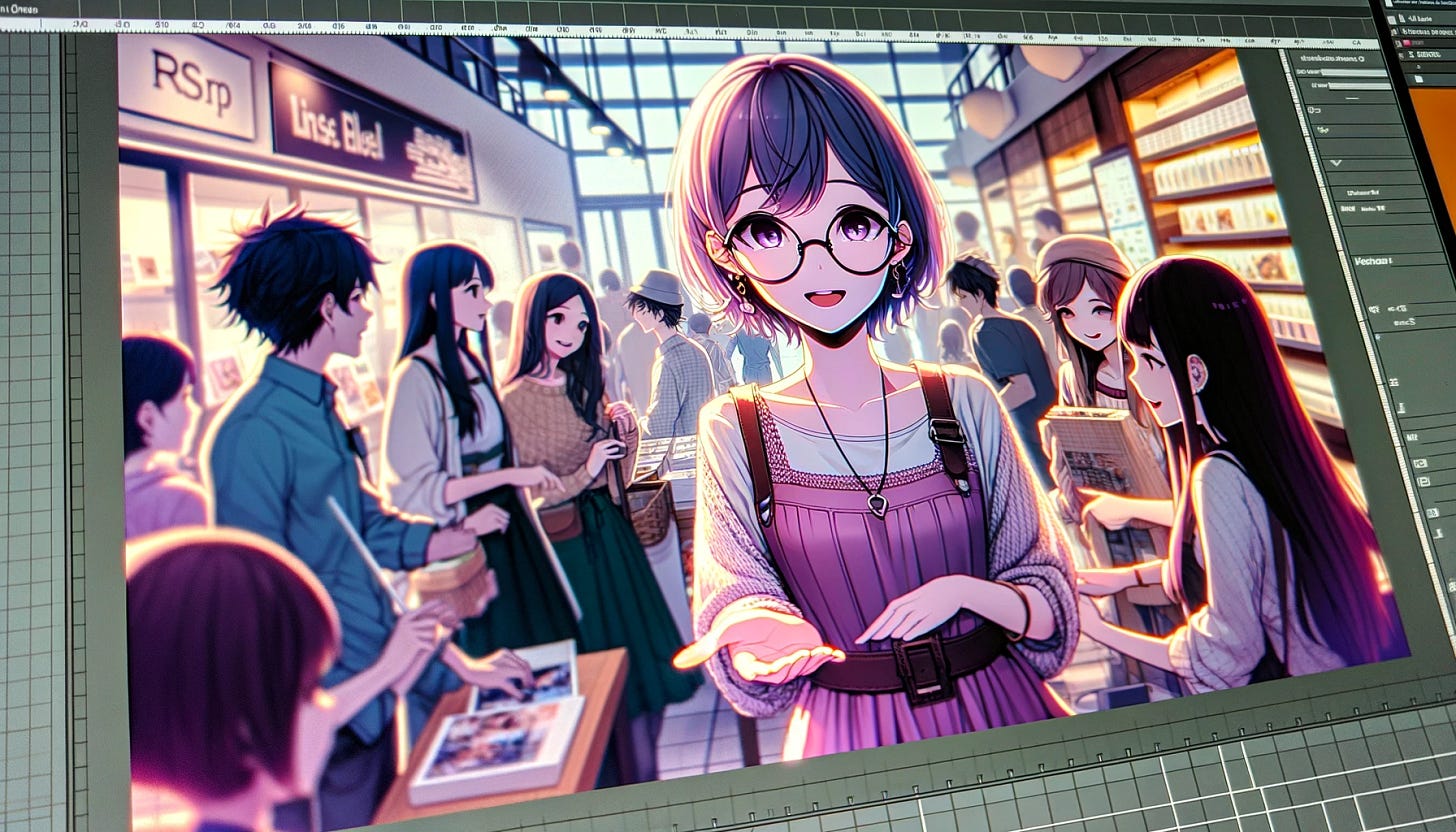 A 2D anime-style image similar to the first one, depicting another scene inside a retail store. The main character, a Japanese woman with short hair and glasses, is interacting with different characters in a lively and engaging environment. This image should convey a sense of community and support, reflecting the role of RMN in fostering connections and collaboration in the retail sector. The setting should be vibrant and full of energy, illustrating the bustling nature of retail interactions.