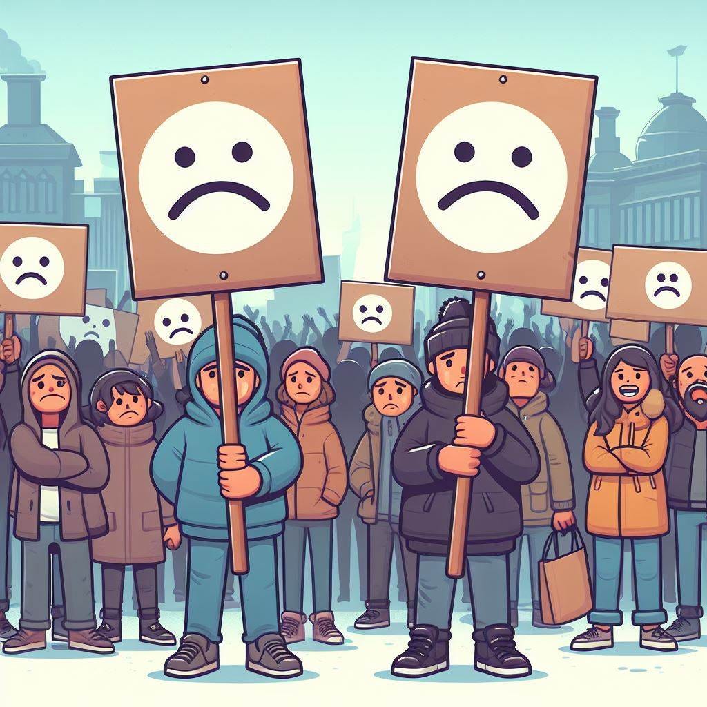 protesters holding signs with sad smiley faces, cartoon style protesters holding signs with sad smiley faces, cartoon style