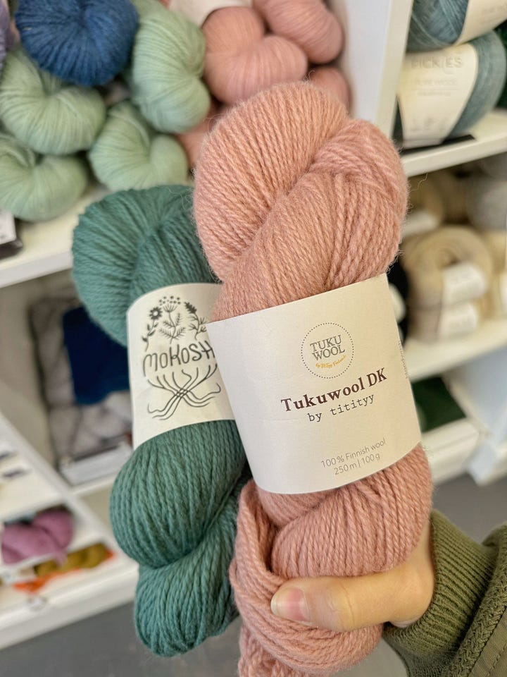 From top left to bottom right: Knit with Attitude in London, Wall of yarn in Lalanalú in Barcelona, Super luxurious merino and silk yarn found at Knit with Attitude, Intersting Turkish yarn also from Knit with Attitude