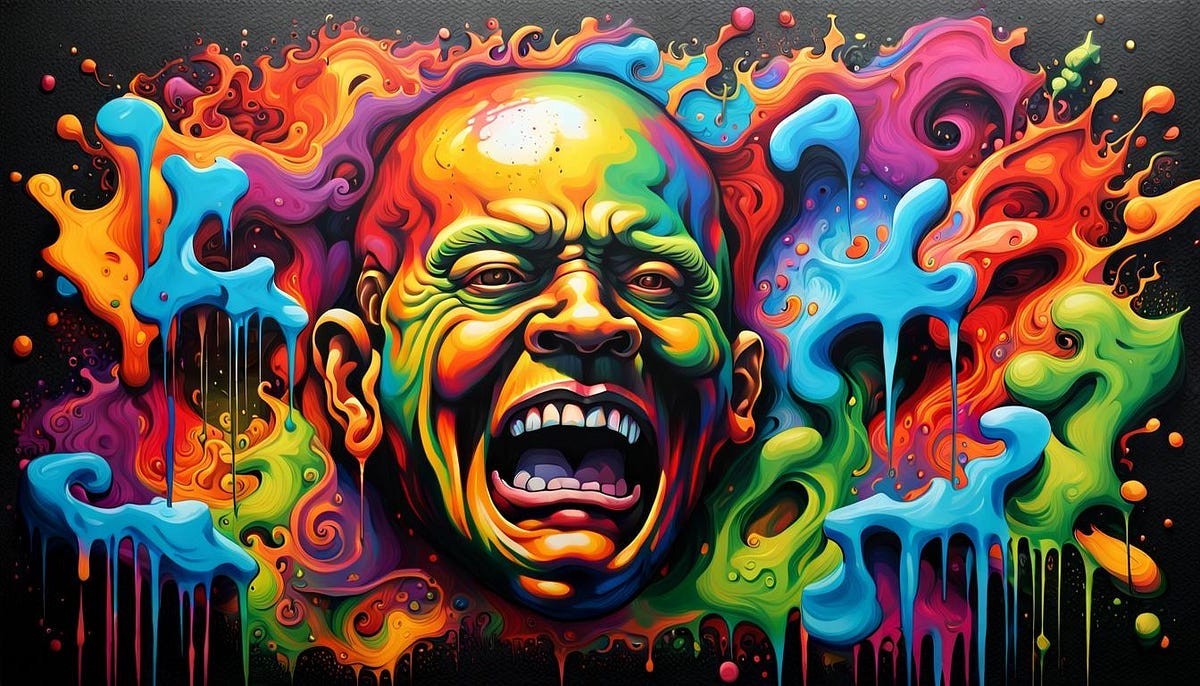 Artist impression technicolor man’s head angry Artist impression technicolor man’s head angry