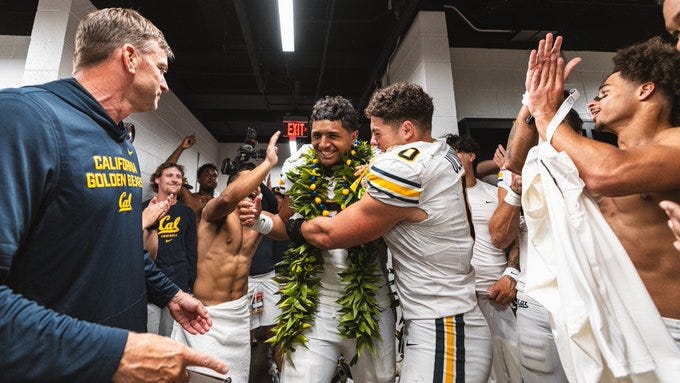 A series of three images showing Cal Bears football players celebrating in the locker room. The first image features a player wearing a white jersey with the number 5, making a celebratory gesture. The second image shows multiple players, some shirtless, celebrating with leis around their necks. The third image depicts a player in a white jersey with the number 15 being congratulated by a coach. The players are wearing uniforms with 'Cal' and the Golden Bears logo visible.