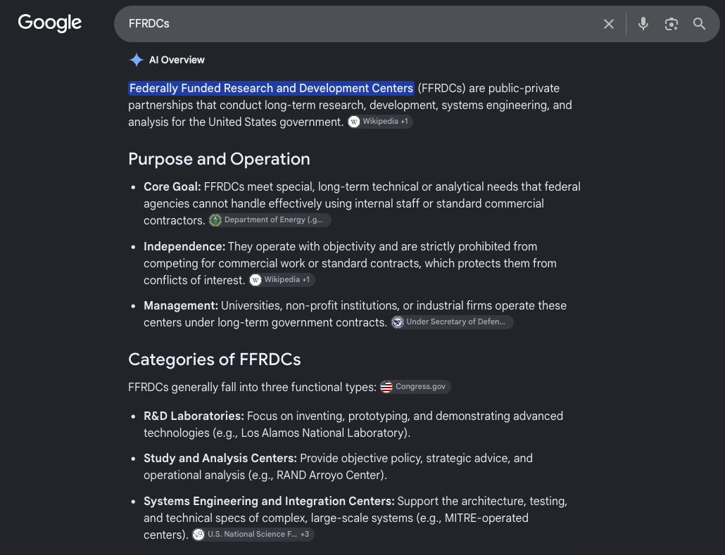 Screengrab of Google AI overview on FFRDCs 
