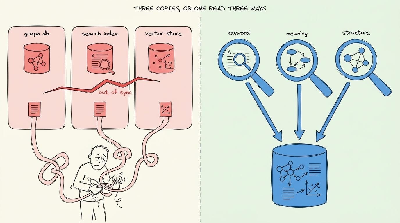 Three separate systems each holding its own copy of the data and drifting out of sync, beside a single stored copy with three lenses reading it, nothing to sync