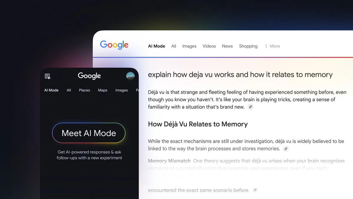 A Google search page displays results about déjà vu and its relation to memory. A partially visible phone screen on the left shows a "Meet AI Mode" prompt with a gradient background, highlighting Google's AI features.