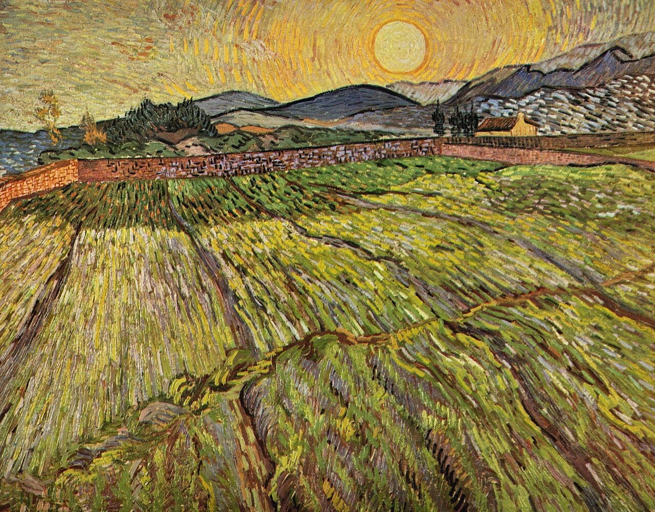 A pale sun rises over a walled wheat field in swirling strokes of yellow and green A pale sun rises over a walled wheat field in swirling strokes of yellow and green