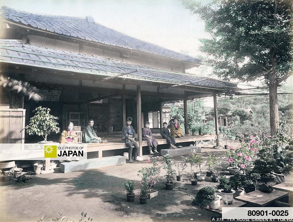 With all sliding doors removed a teahouse has become one with the garden, 1880s With all sliding doors removed a teahouse has become one with the garden, 1880s