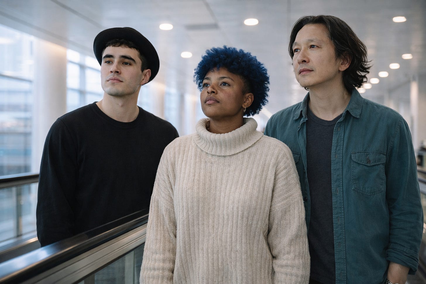 Three professionals of different ages and backgrounds stand side by side in a modern indoor walkway, looking ahead with focused expressions, representing shared uncertainty and stalled career progression.