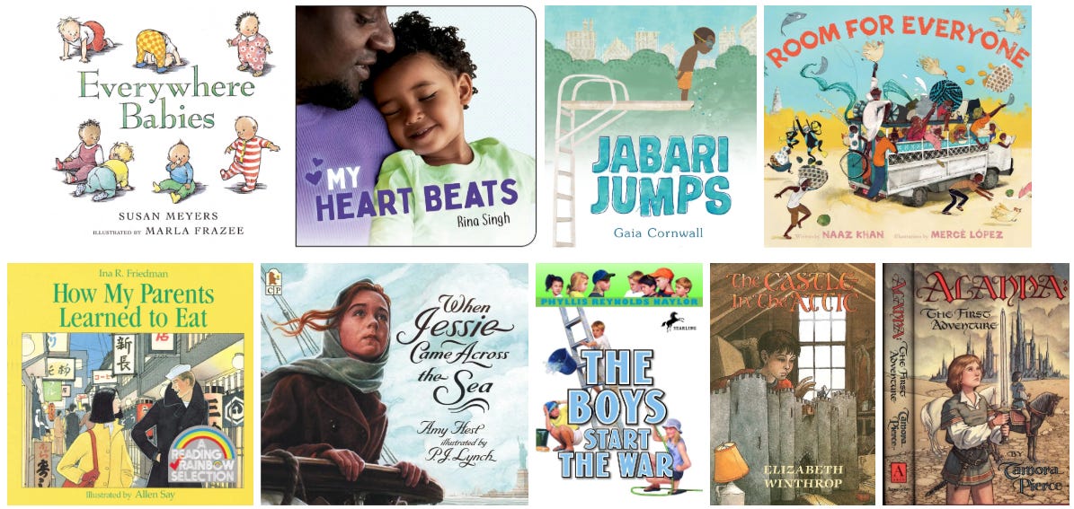 Visual display of book covers for children's titles recommended by Sri Juneja - covers featuring illustrations of diverse children and families with varied color palettes.