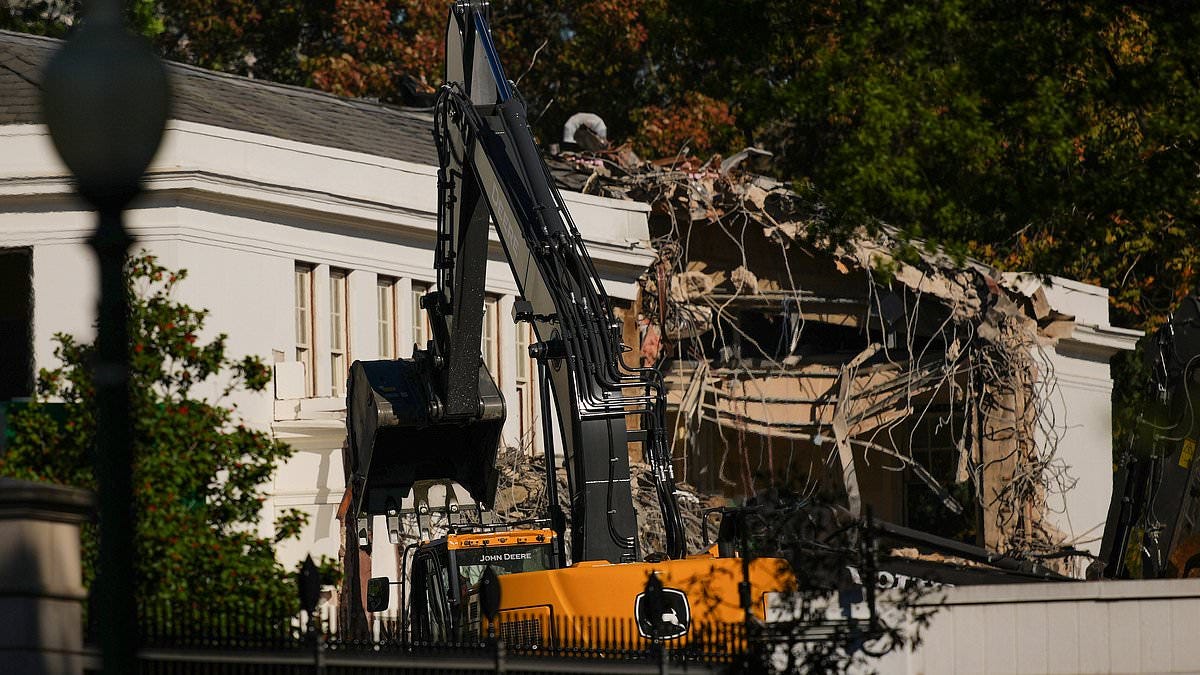 White House East Wing being demolished by enormous backhoe