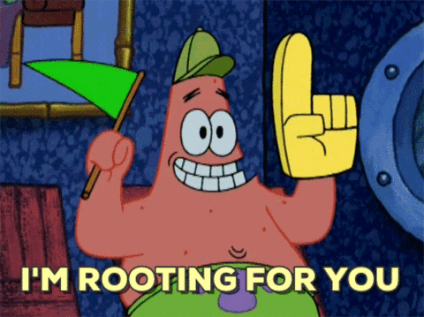 SpongeBob gif. Wearing a green baseball cap, Patrick smiles at us while waving a bright green pennant and a yellow foam finger. SpongeBob gif. Wearing a green baseball cap, Patrick smiles at us while waving a bright green pennant and a yellow foam finger.