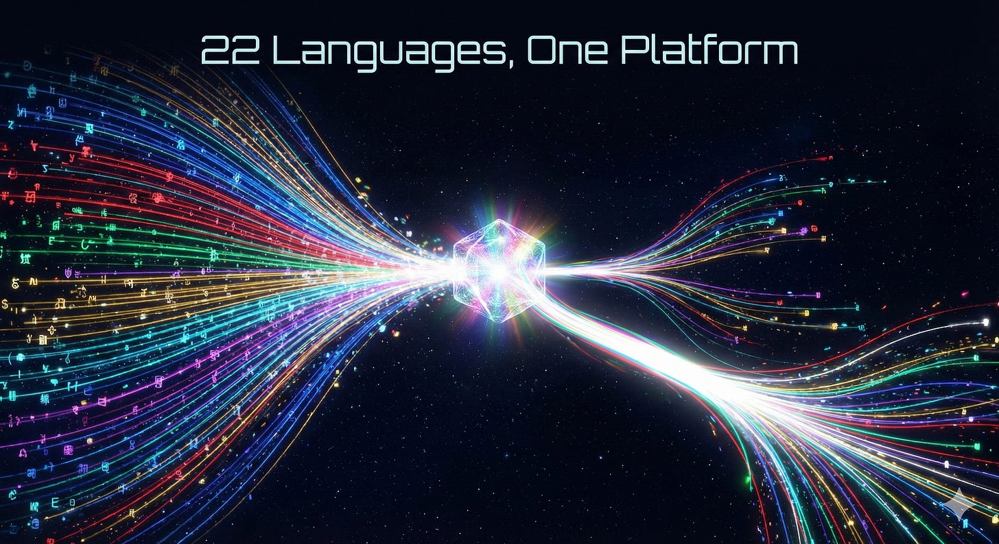 Coloured light streams representing multiple languages converging through a central translation node