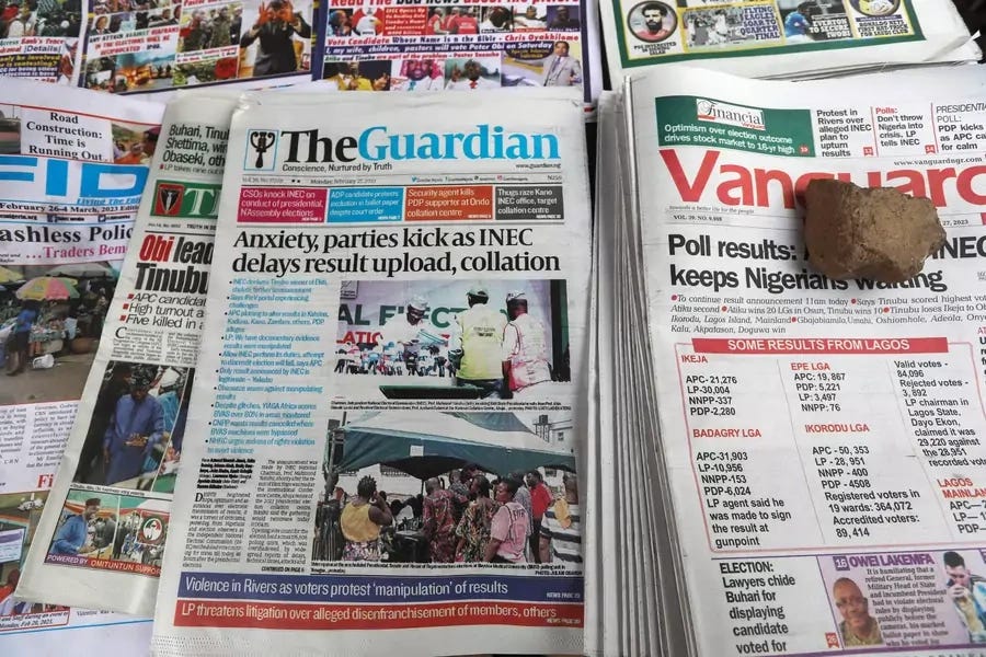 Newspapers are displayed at a street vendor, before the announcement of election results by Independent National Electoral Commission, in Awka, Anambra state, Nigeria on February 27, 2023. Newspapers are displayed at a street vendor, before the announcement of election results by Independent National Electoral Commission, in Awka, Anambra state, Nigeria on February 27, 2023.