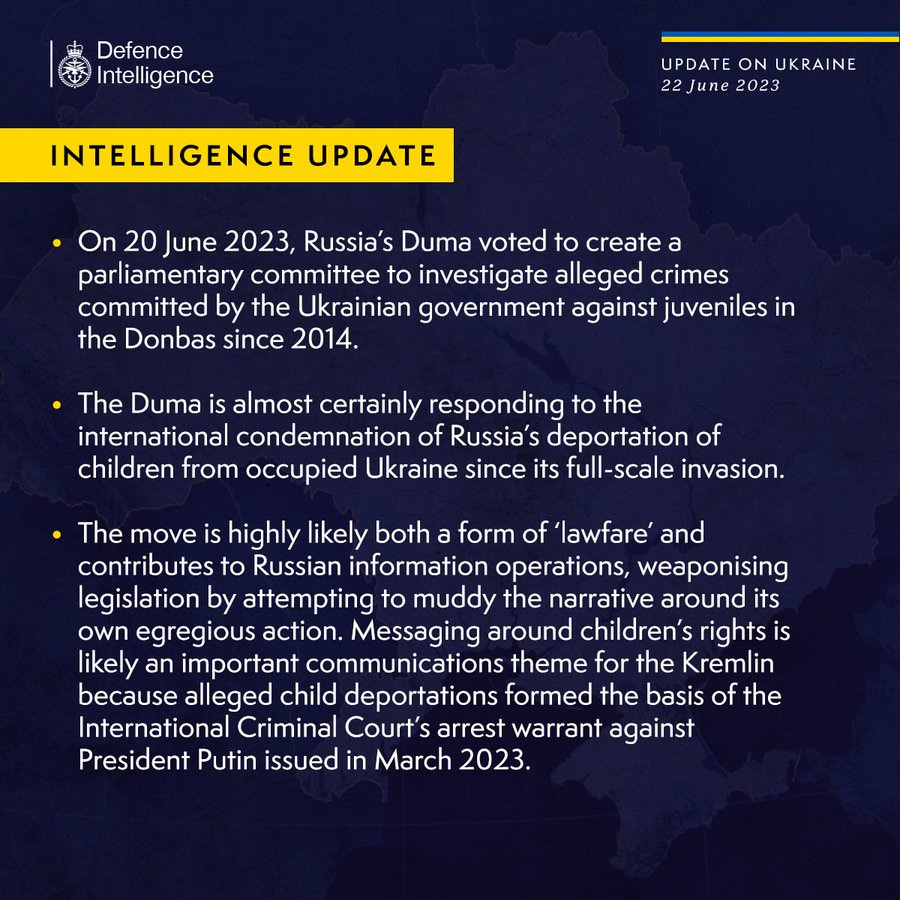Latest Defence Intelligence update on the situation in Ukraine - 22 June 2023.