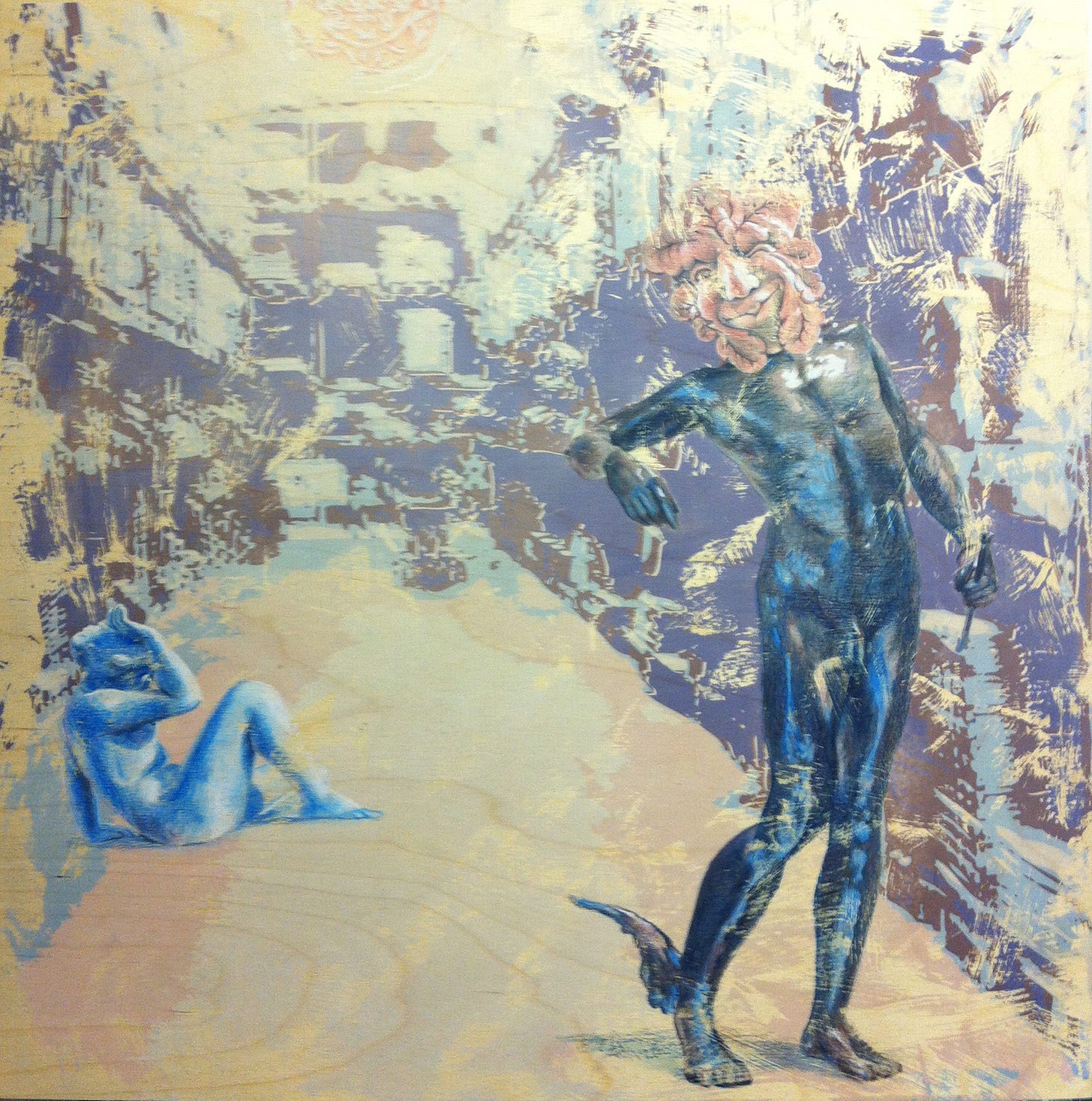 Mixed media artwork of a male bronze figure, wearing a laughing mask, whimsically dancing, back turned, in the foreground, leaving the figure of a blue woman, huddled on the floor, crying in the background. The setting is of an isle in a large wearhouse type of store, the imagery is vague and confusing.