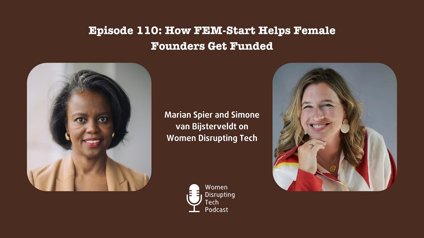 Pictures of Marian Spier (left) and Simone van Bijsterveldt (right) with the title of episode 110 of the podcast Women Disrupting Tech. 