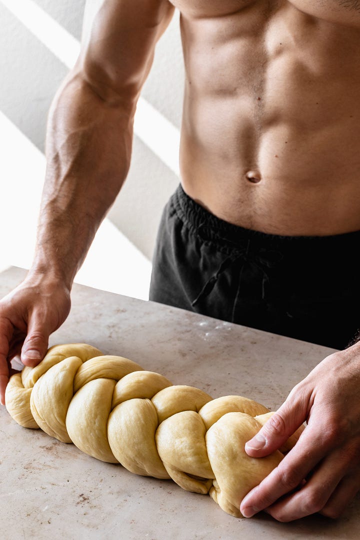 Photos showing process of making vegan olive oil brioche loaves